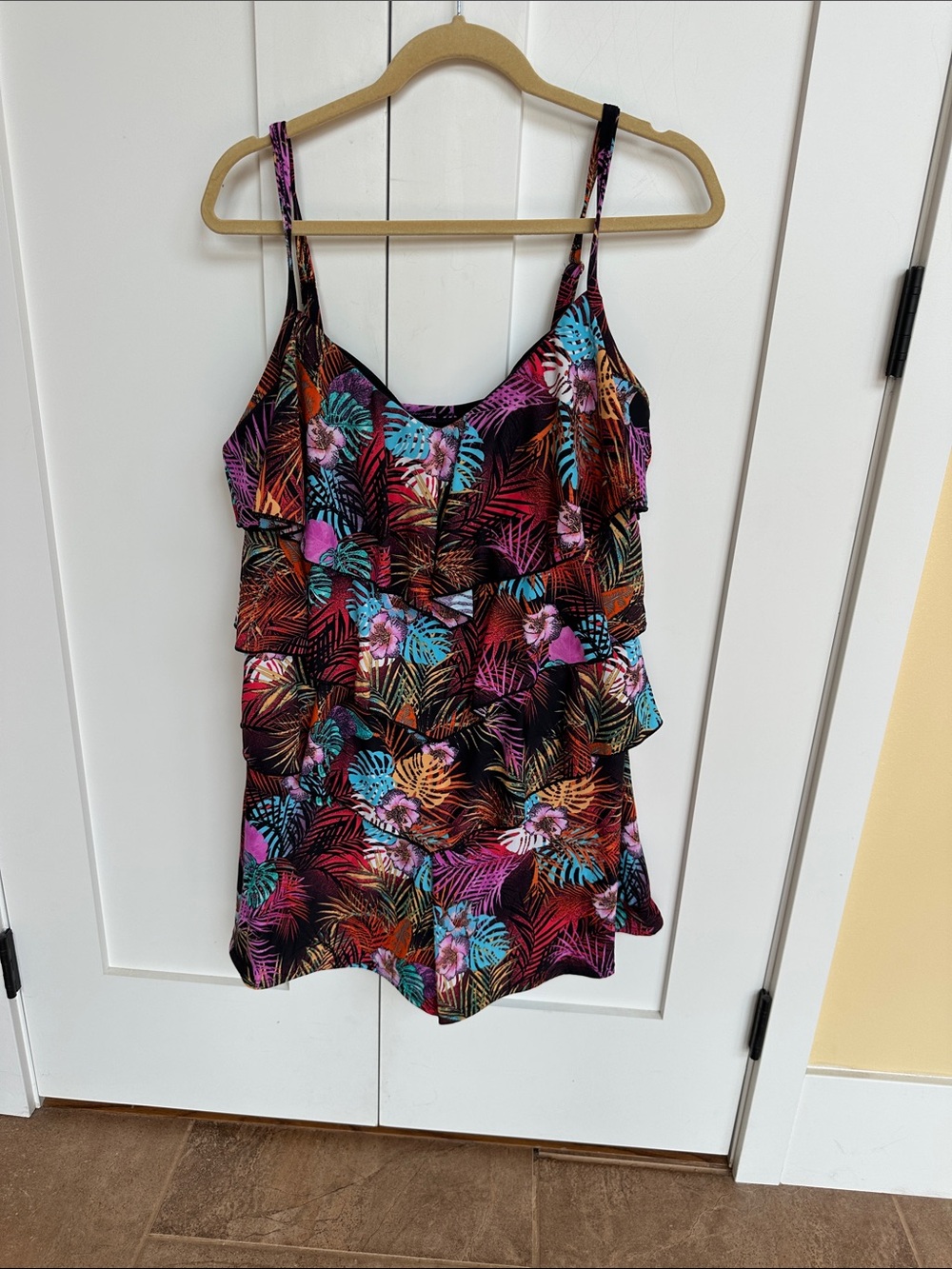 Tropical Ruffle Layered Swimsuit Romper in Black Multi